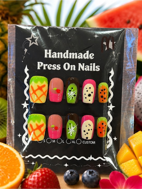 Other - Handmade Tropical Fruit Press On Nails Medium Square Hand Painted Summer Nails